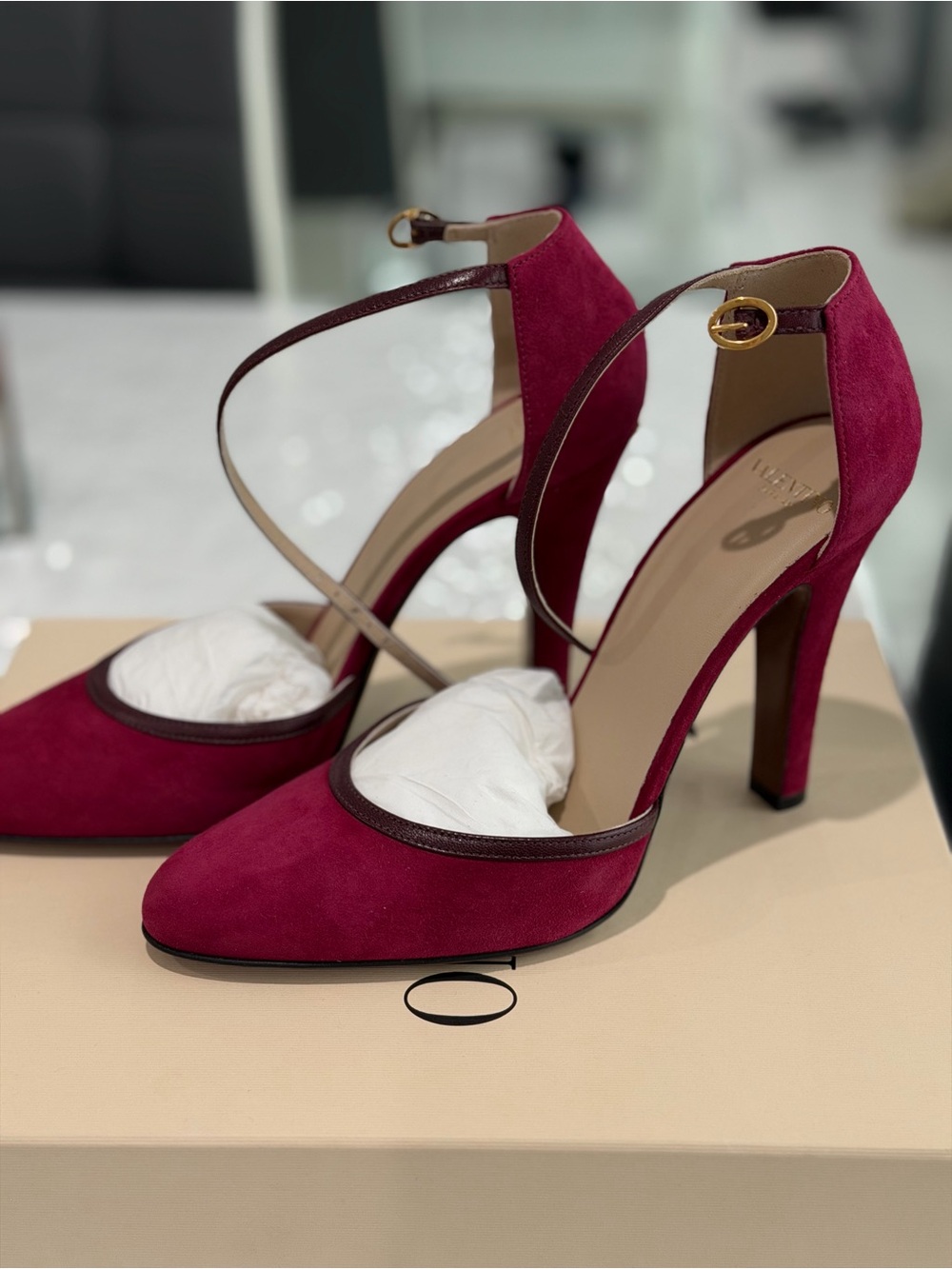 Valentino Garavani Suede Pointed-Toe Pumps in Fuchsia with Gold Buckle